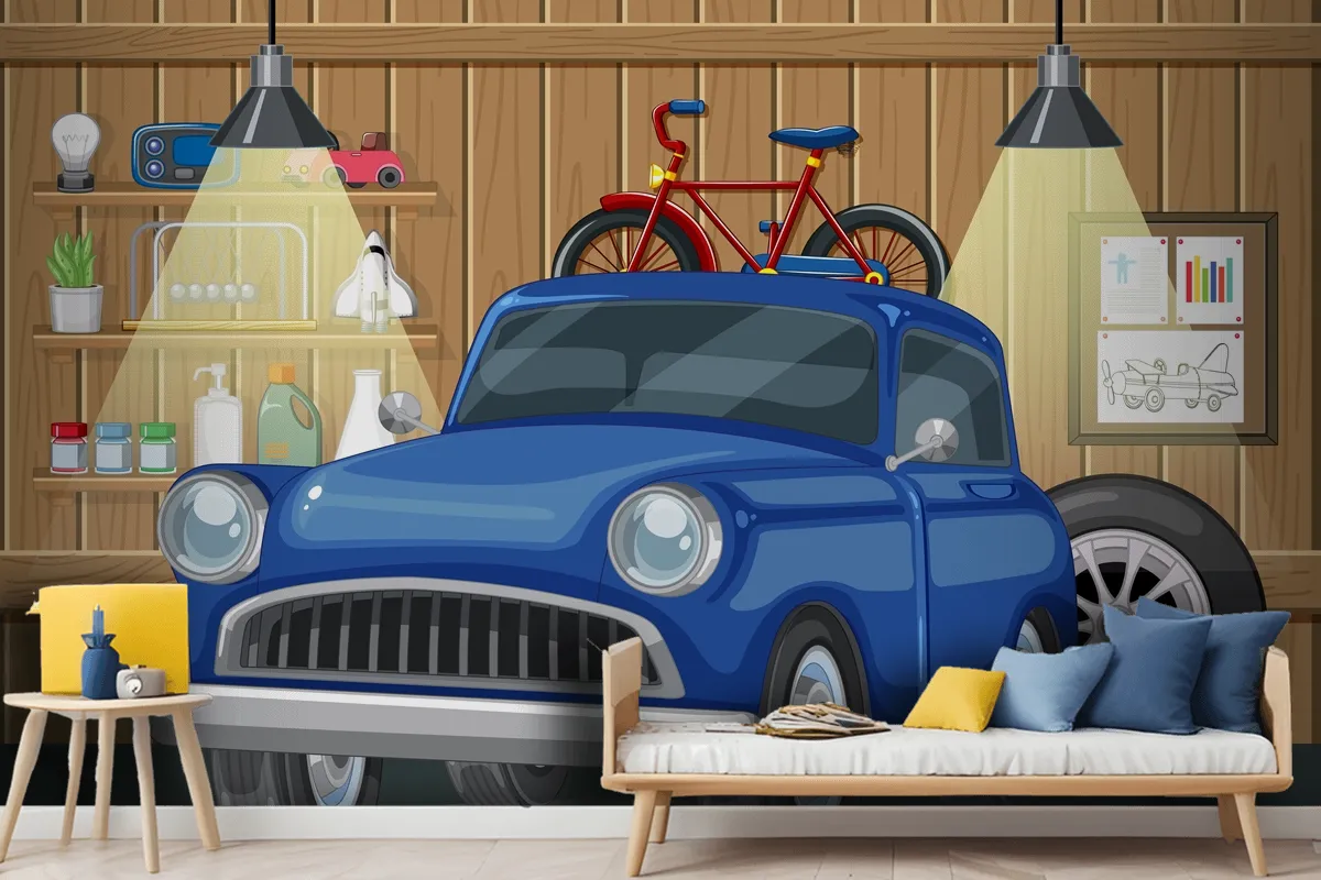 Vintage Car And Bicycle In Wooden Garage Wallpaper Mural