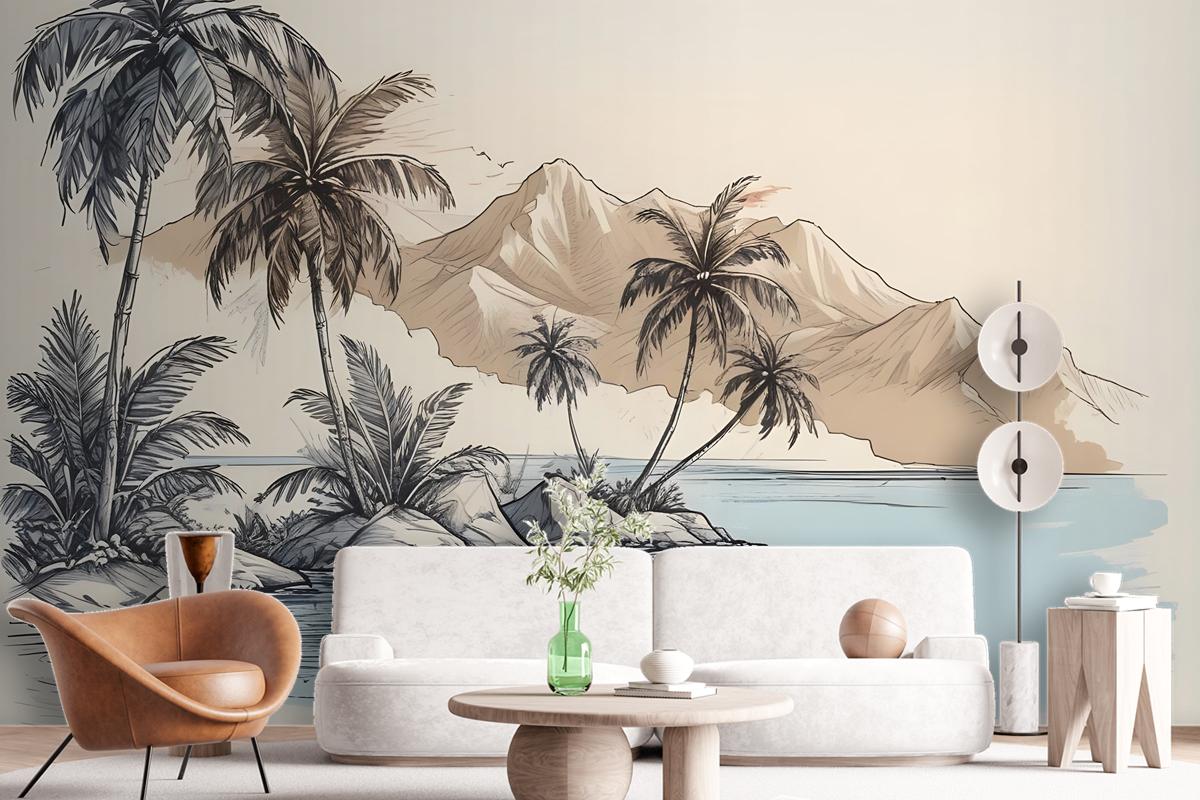 Vintage Charcoal Tropical Palm Tree And Summer Beach Wallpaper Mural