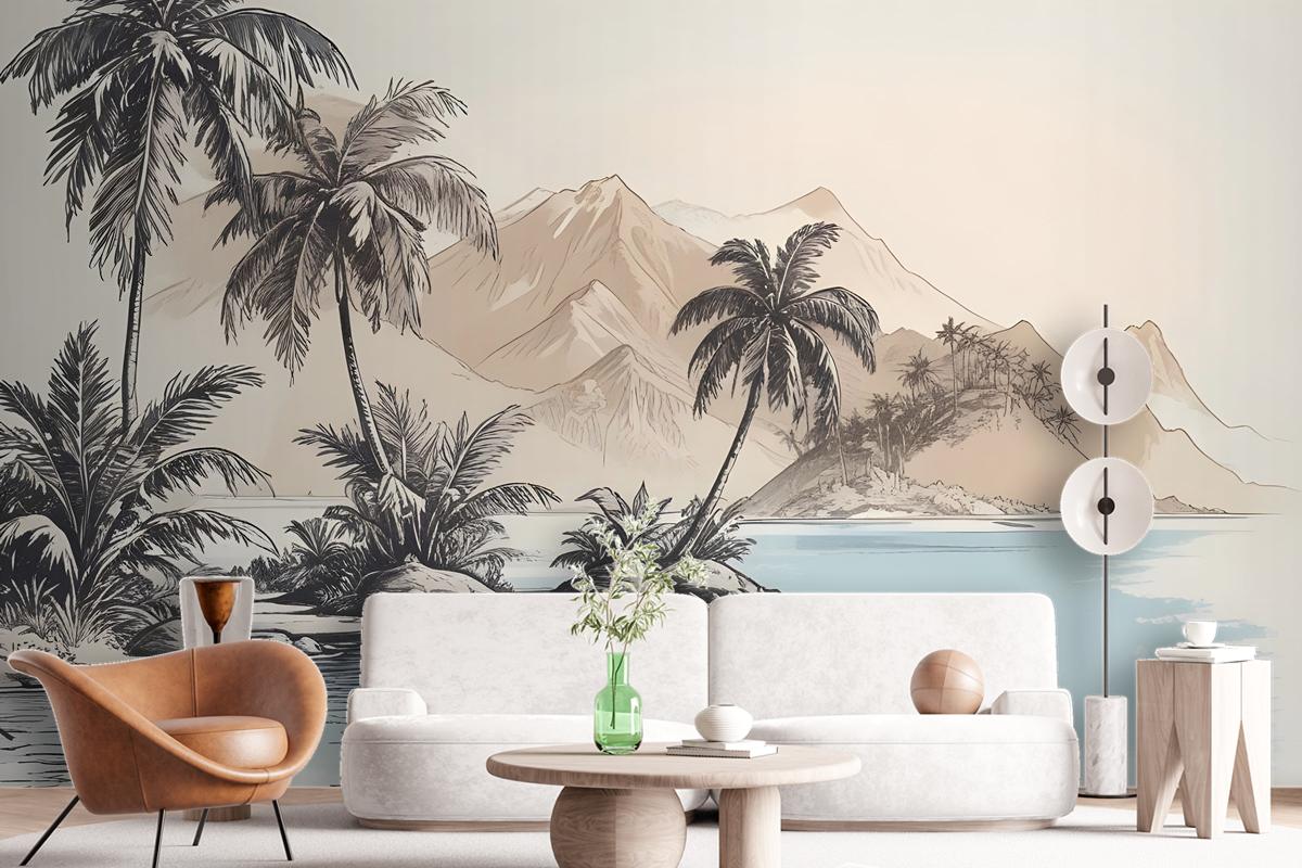 Vintage Charcoal Tropical Palm Tree And Summer Beach Wallpaper Mural