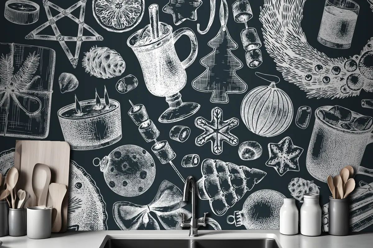 Vintage Christmas Banner Design On A Chalkboard Handsketched Holiday Wallpaper Mural