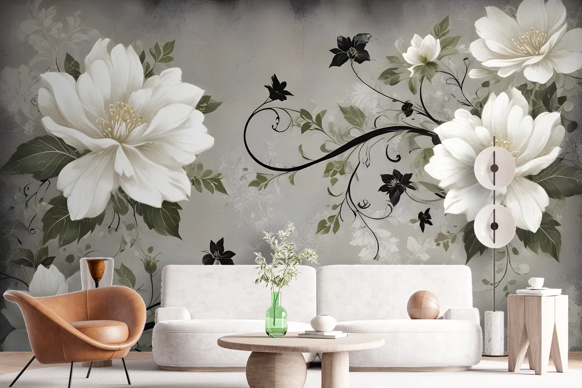 Vintage Cream Flowers Art Wallpaper Mural