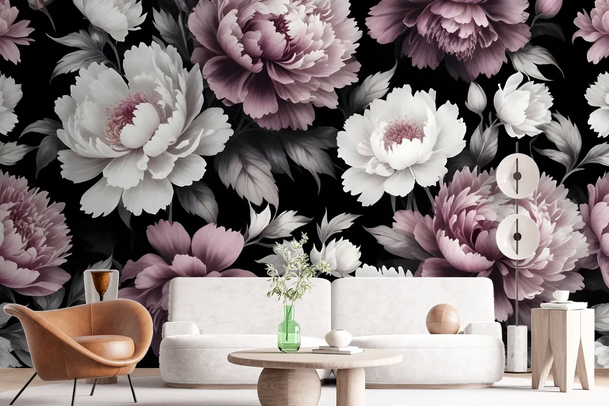 Vintage Dark Large Peony Flower Wallpaper Mural