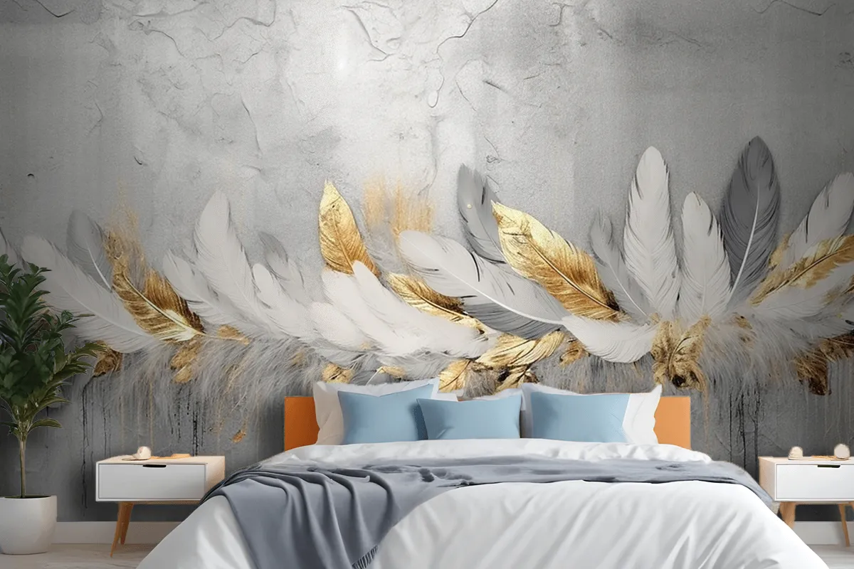 Vintage Feathers Blue Gold Brushstrokes Wallpaper Mural