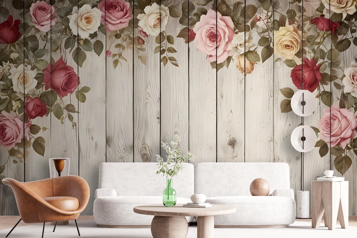 Vintage Floral With Wood Wall Wallpaper Mural