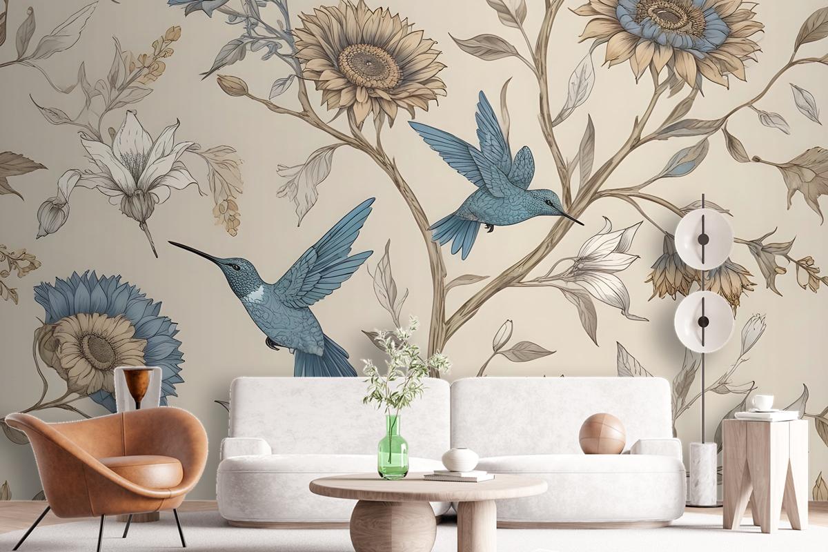 Vintage Flower With Hummingbird Wallpaper Mural