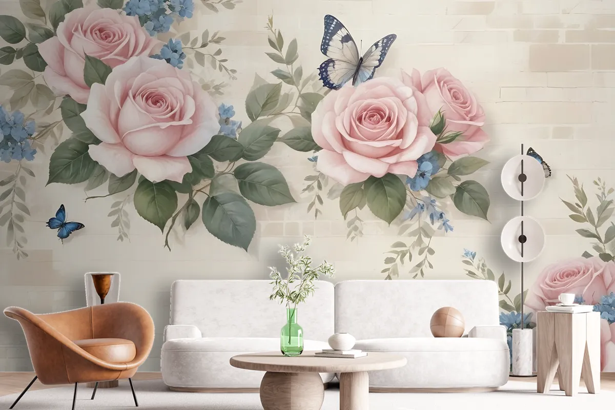 Vintage Pastel Pink Floral Wallpaper Mural