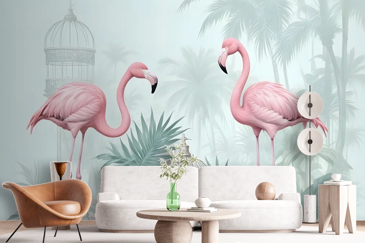 Vintage Pink Flamingo With Tropical Leaves Wallpaper Mural