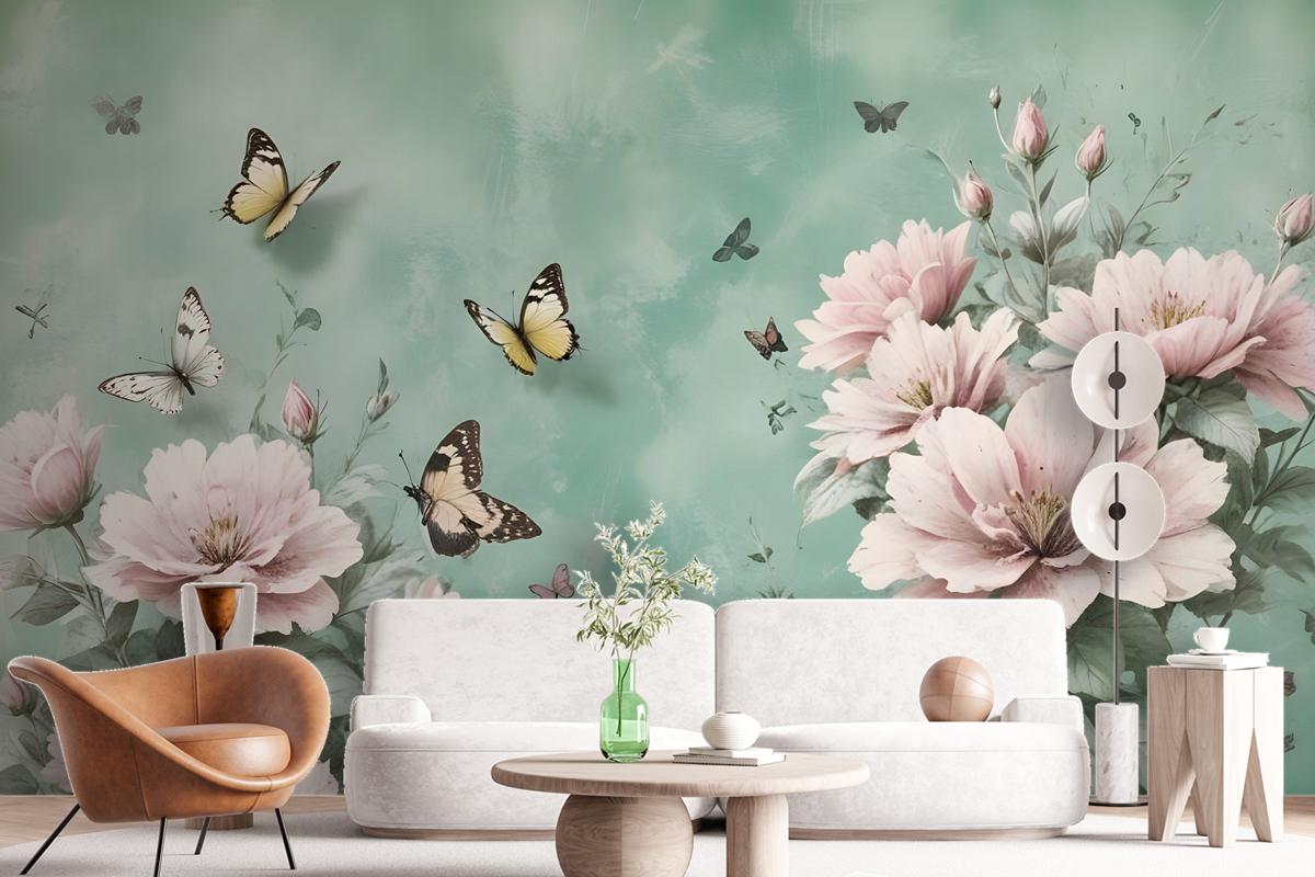 Vintage Pink Floral And Yellow Butterfly Wallpaper Mural