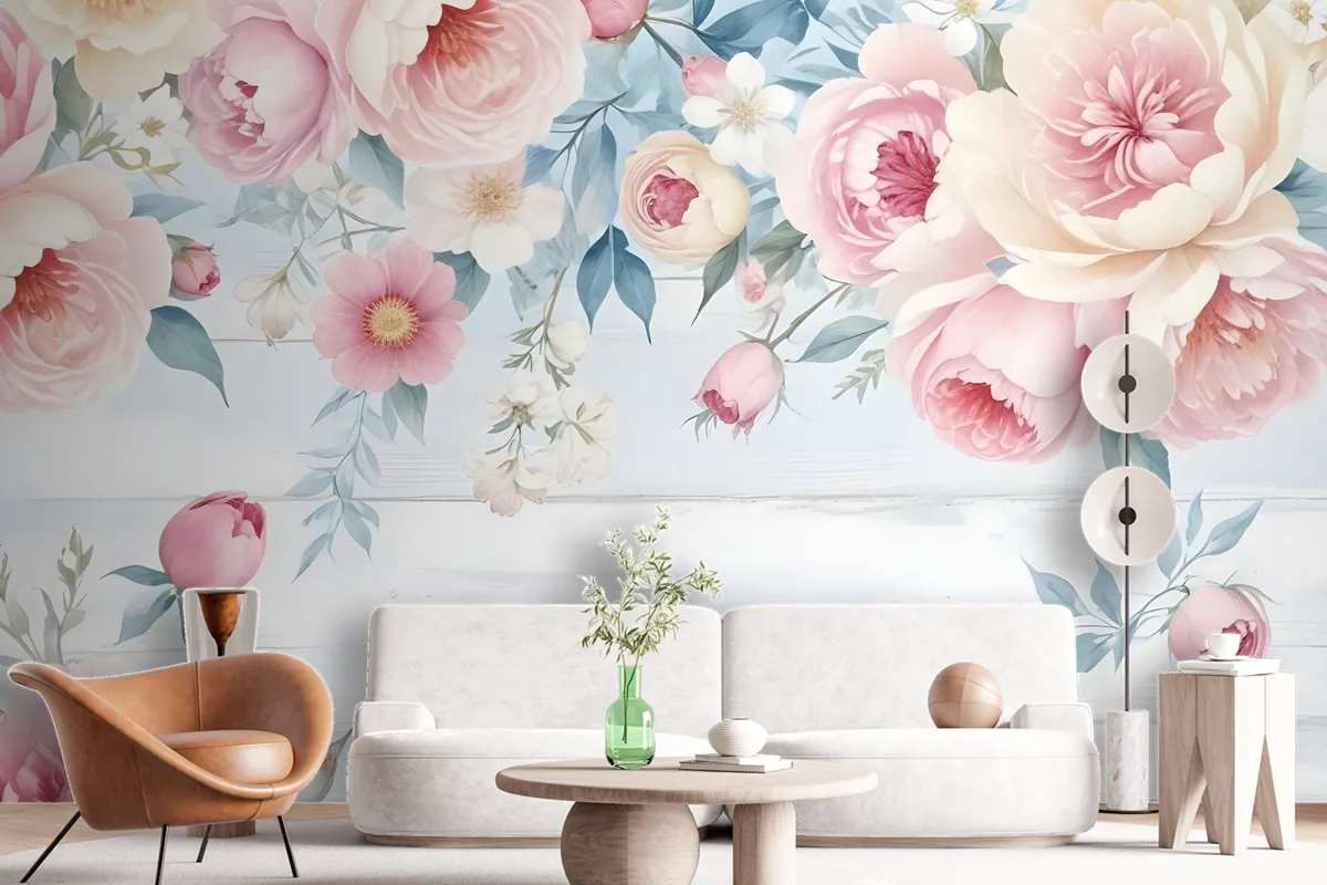 Vintage Watercolor Pink Flowers Wallpaper Mural