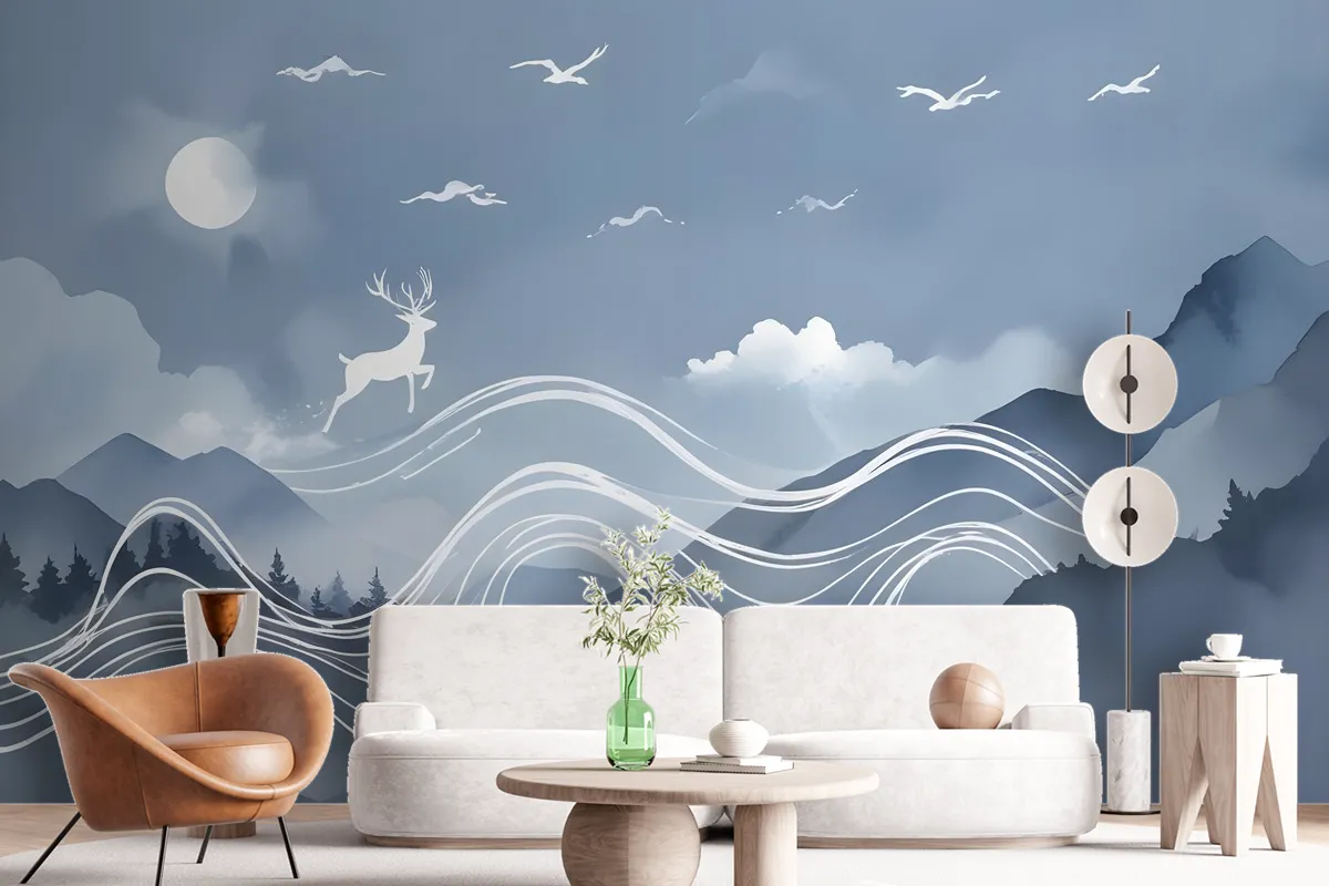 Watercolor Abstract Lines And Horned Deer Wallpaper Mural