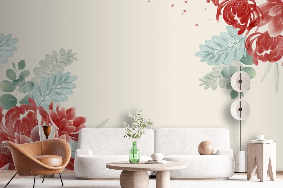 Watercolor Asian Flowers Wallpaper Mural