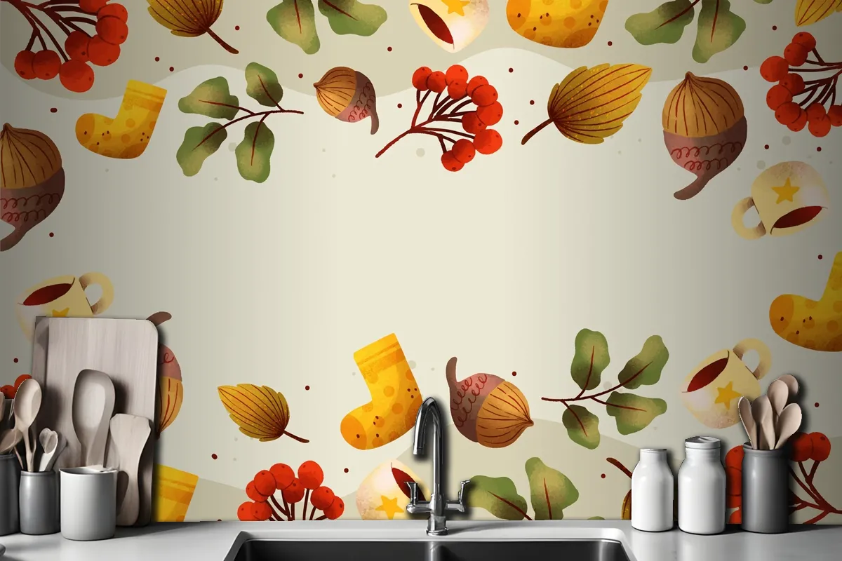 Watercolor Autumn Kitchen Wallpaper Mural