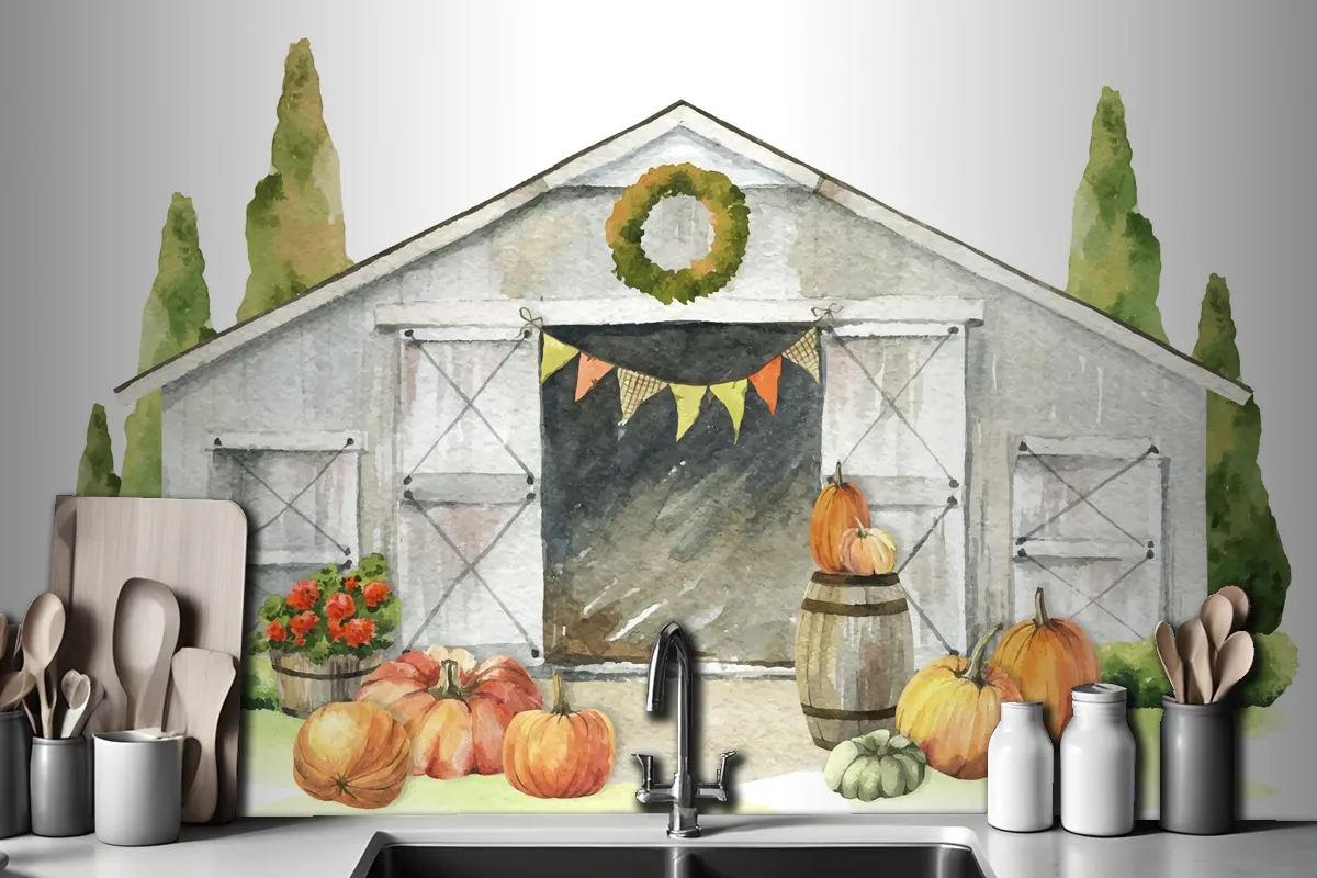 Watercolor Autumn Wooden Barn Pumpkin Harvest Wallpaper Mural