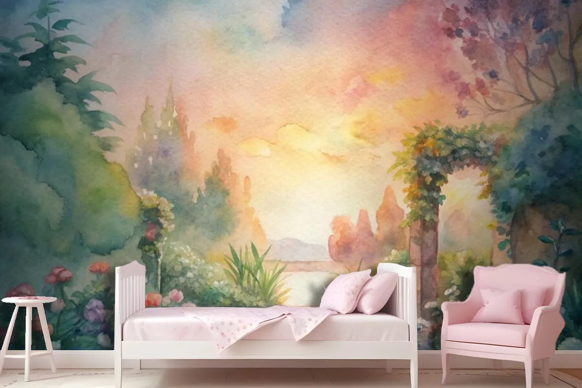 Watercolor Background Featuring A Flower Garden Wallpaper Mural