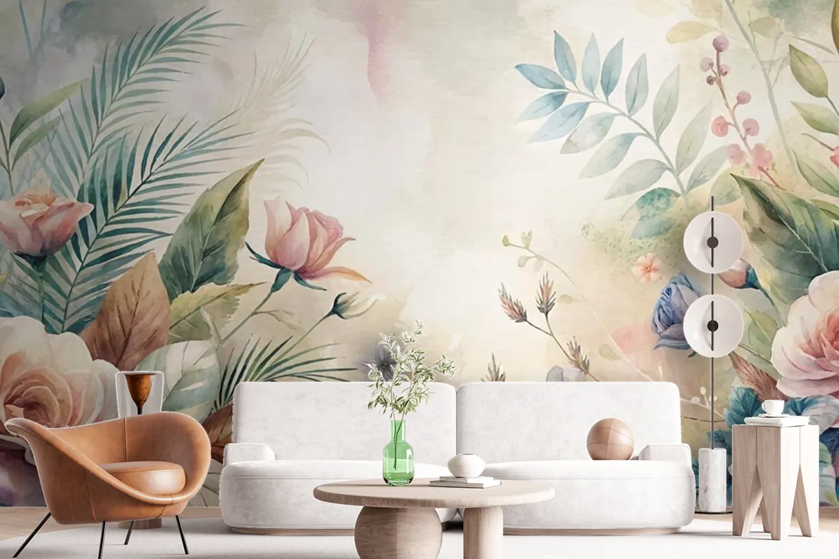 Watercolor Background Featuring Beautiful Flowers Wallpaper Mural