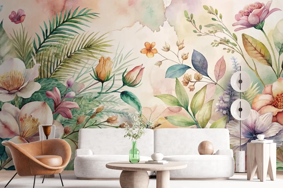 Watercolor Background Featuring Flowers And Lush Plants Wallpaper Mural