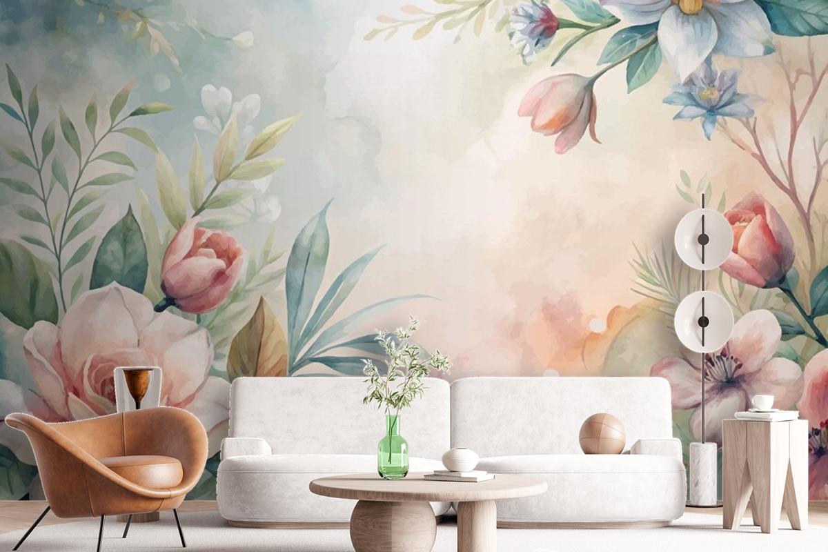 Watercolor Background Of Lush Flowers And Leaves Wallpaper Mural