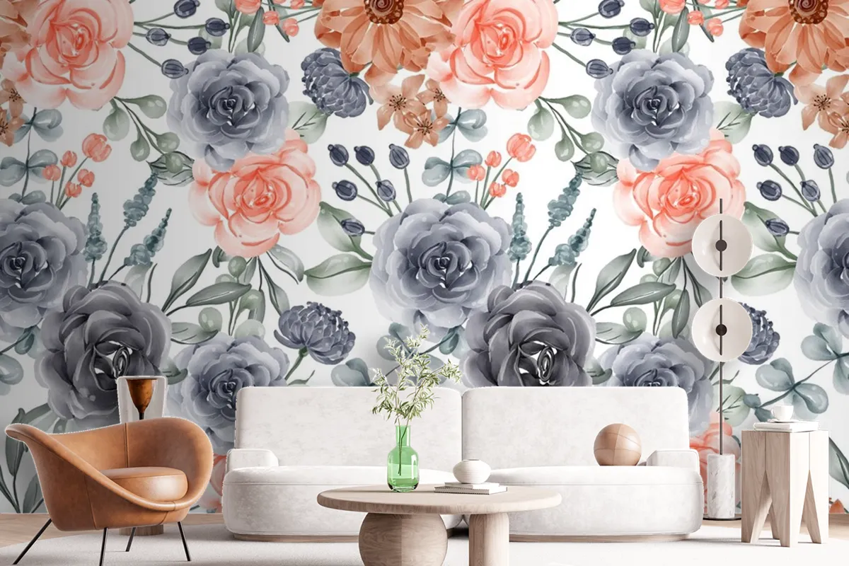 Watercolor Background Seamless Pattern Flower Navy And Peach Wallpaper Mural