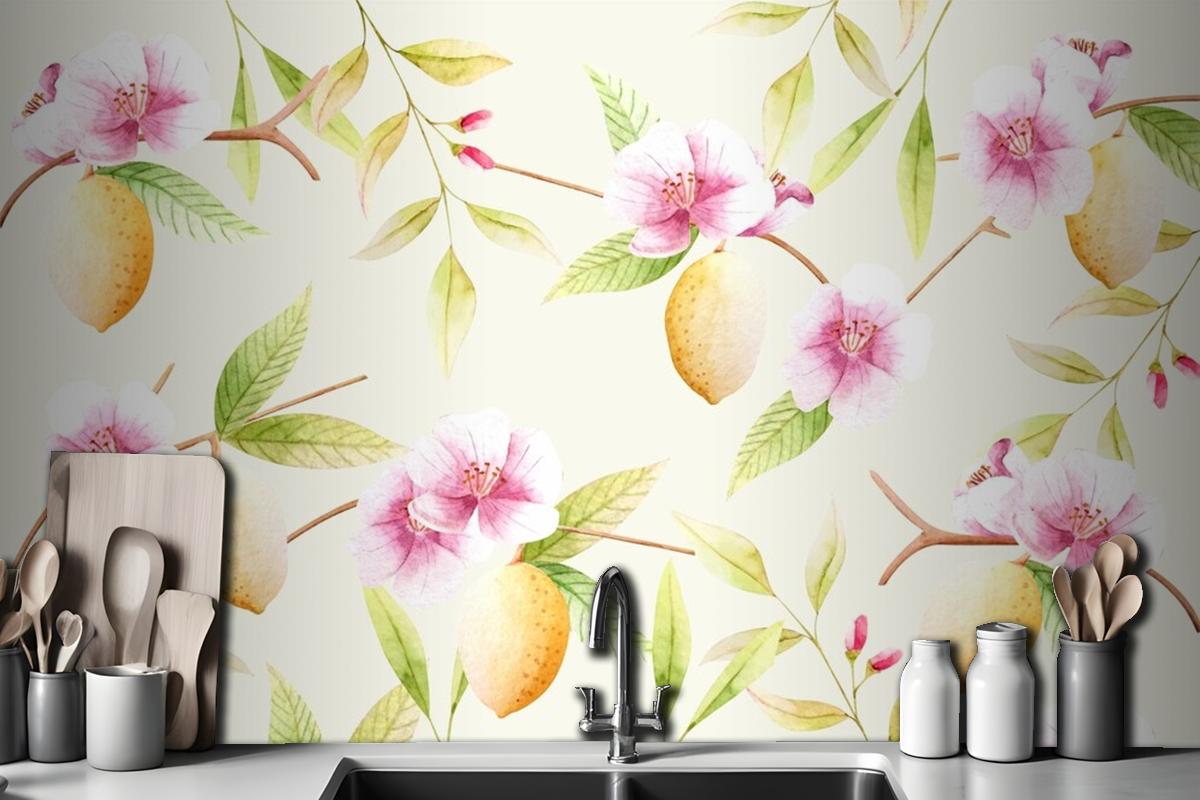 Watercolor Background With Florals Kitchen Wallpaper Mural