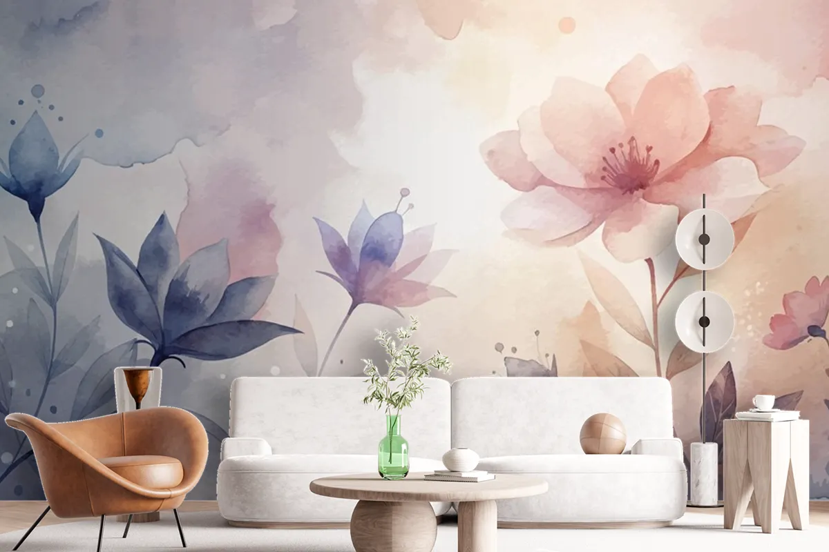 Watercolor Background With Minimalist Soft Silhouette Flowers Wallpaper Mural