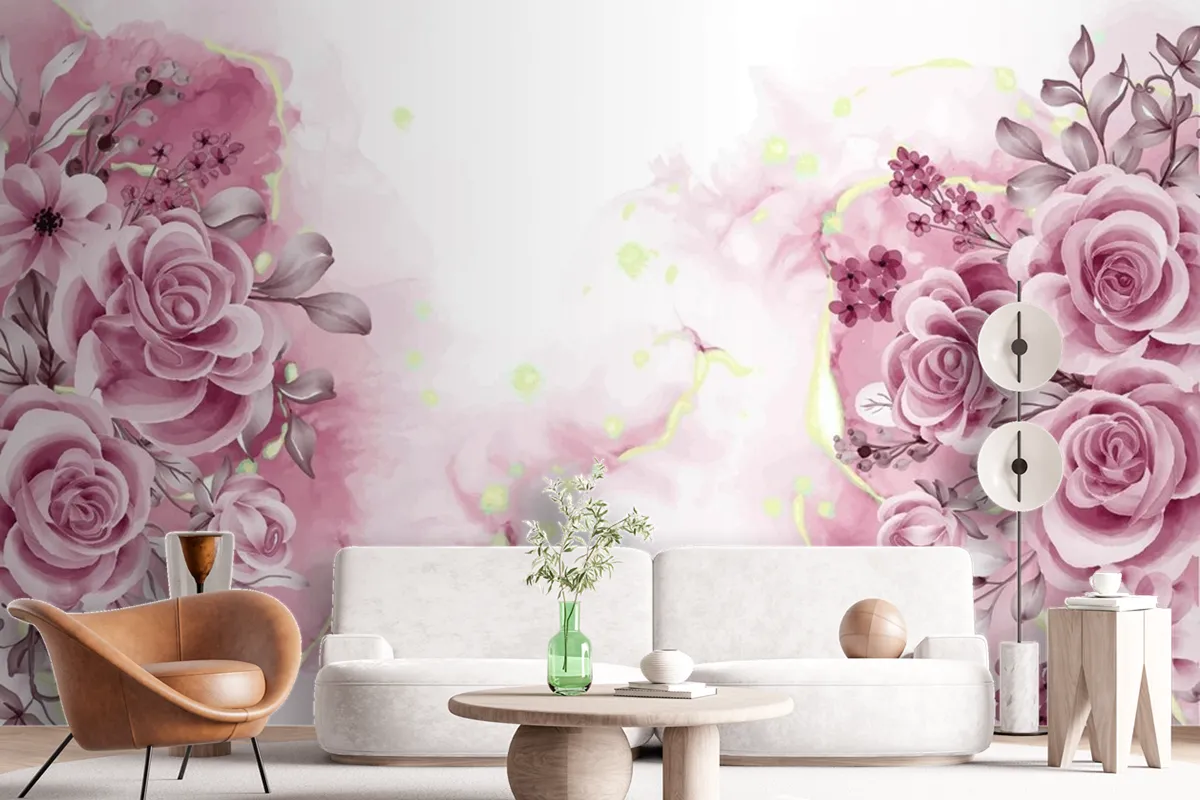 Watercolor Background With Rose Gold Flowers And Leaves Wallpaper Mural