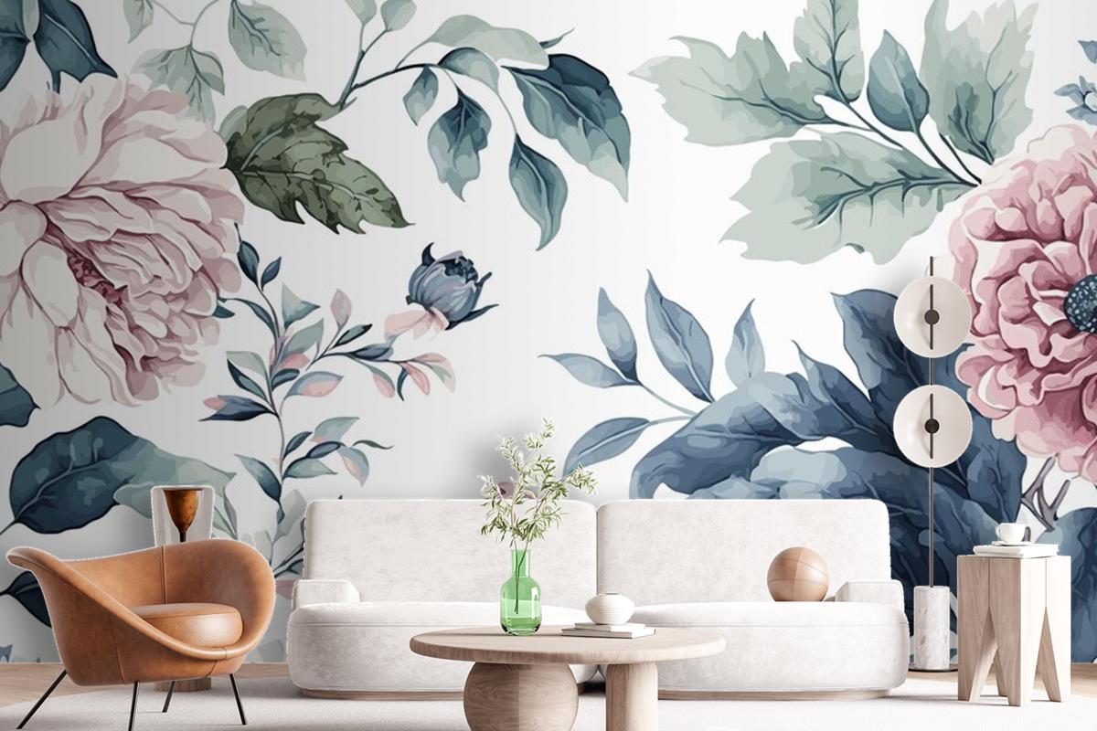 Watercolor Blue And Pink Floral Pattern Wallpaper Mural