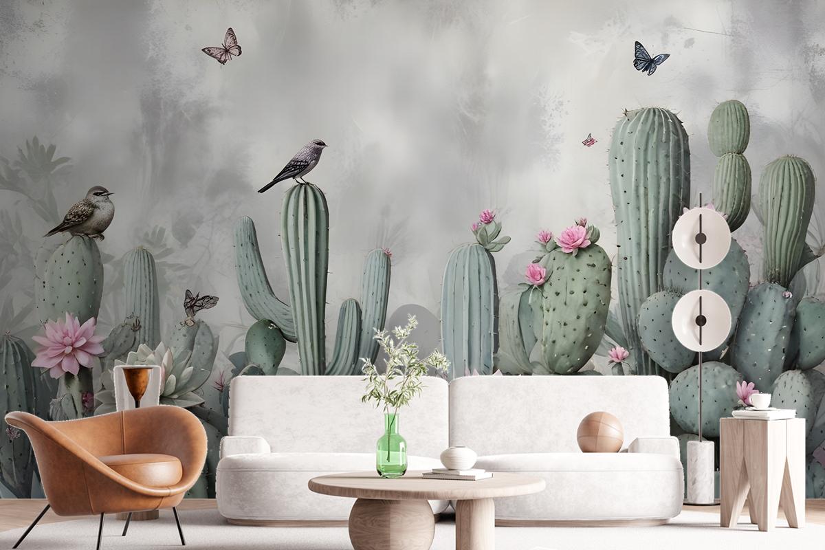 Watercolor Cactus With Flowers Wallpaper Mural