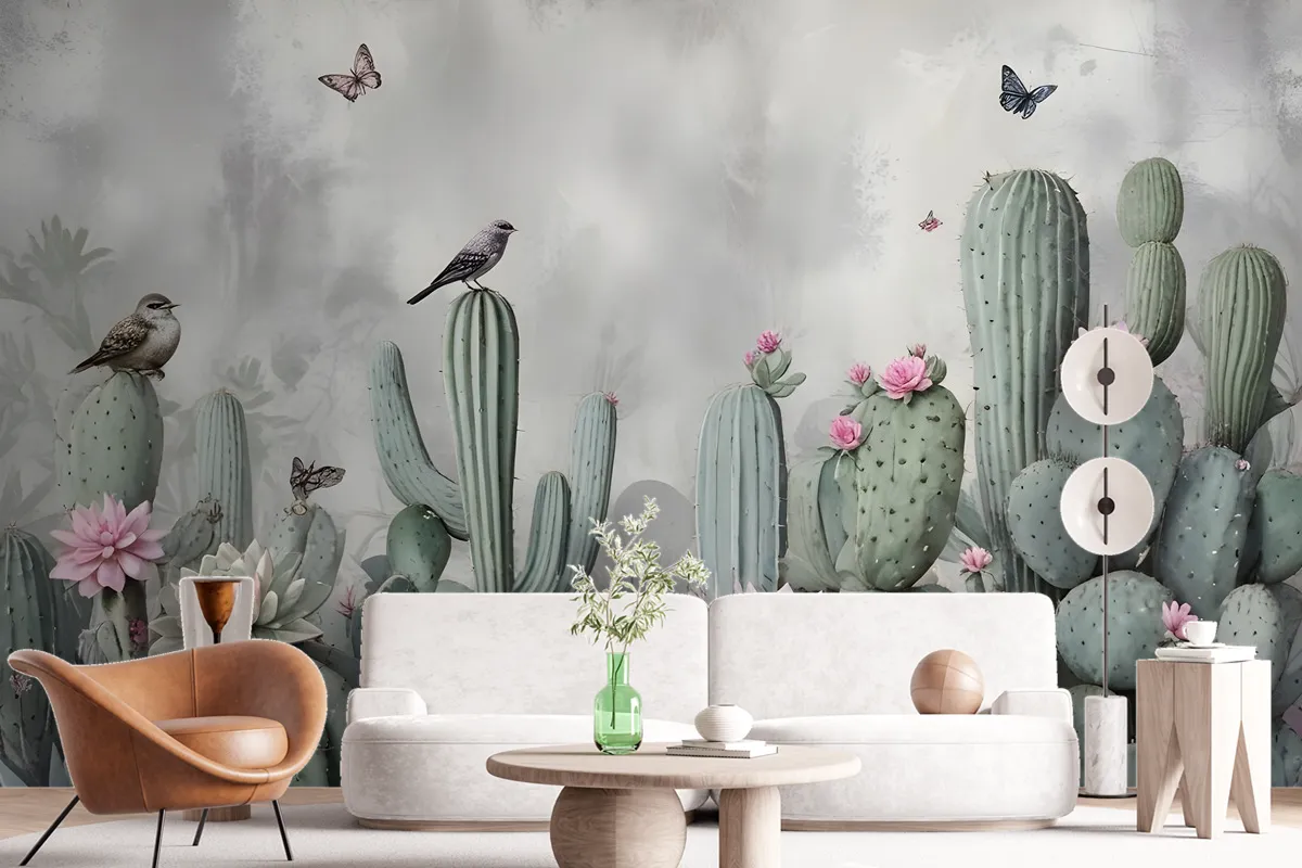 Watercolor Cactus With Flowers Wallpaper Mural