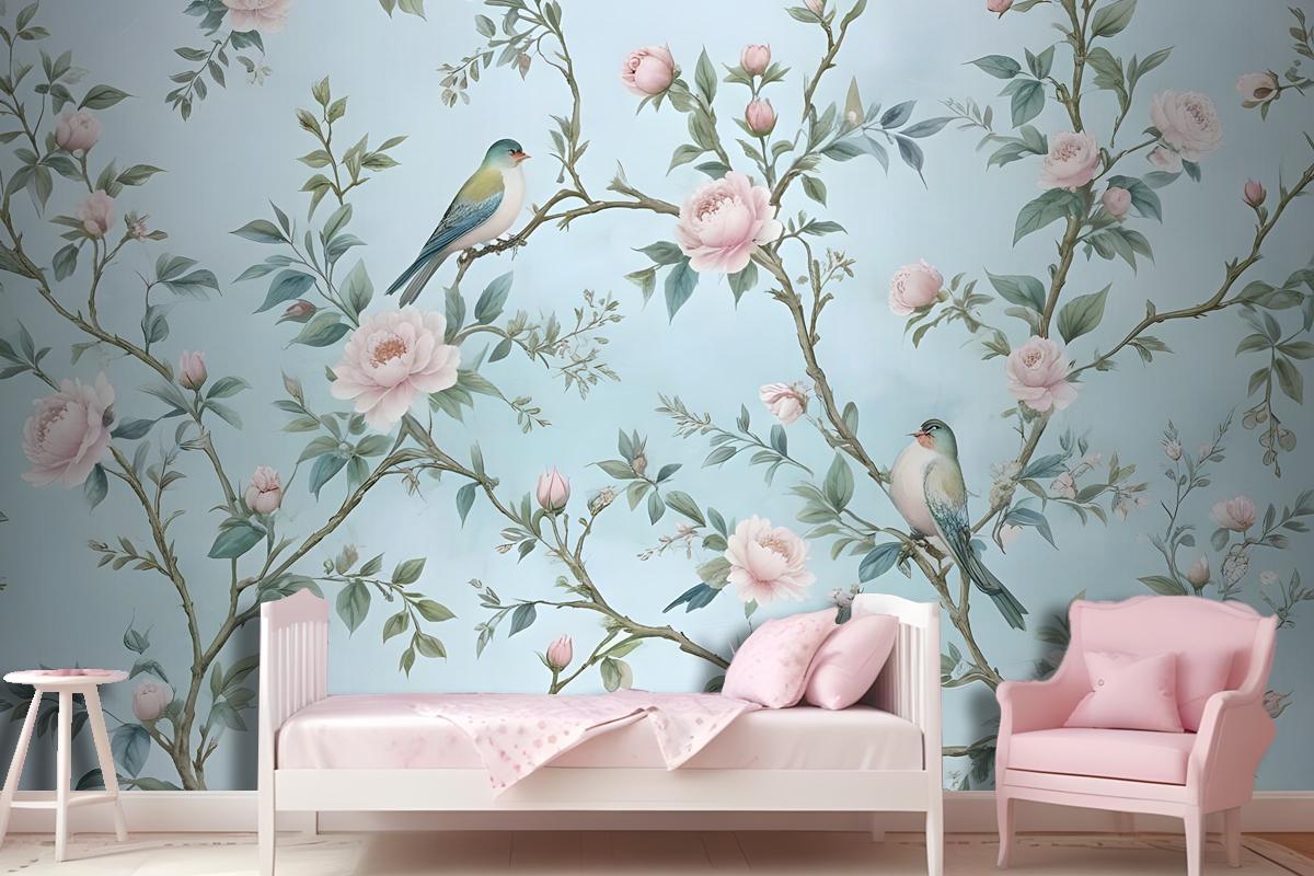 Watercolor Chinoiserie Floral Peony Blossom Wallpaper Mural