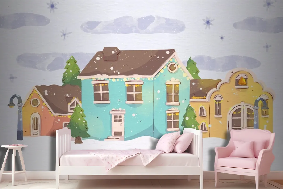 Watercolor Christmas Town Wallpaper Mural