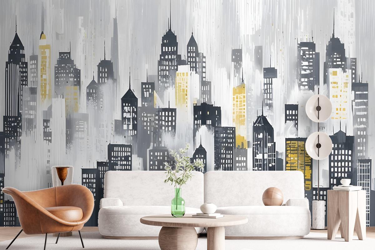 Watercolor City Silhouette Wallpaper Mural