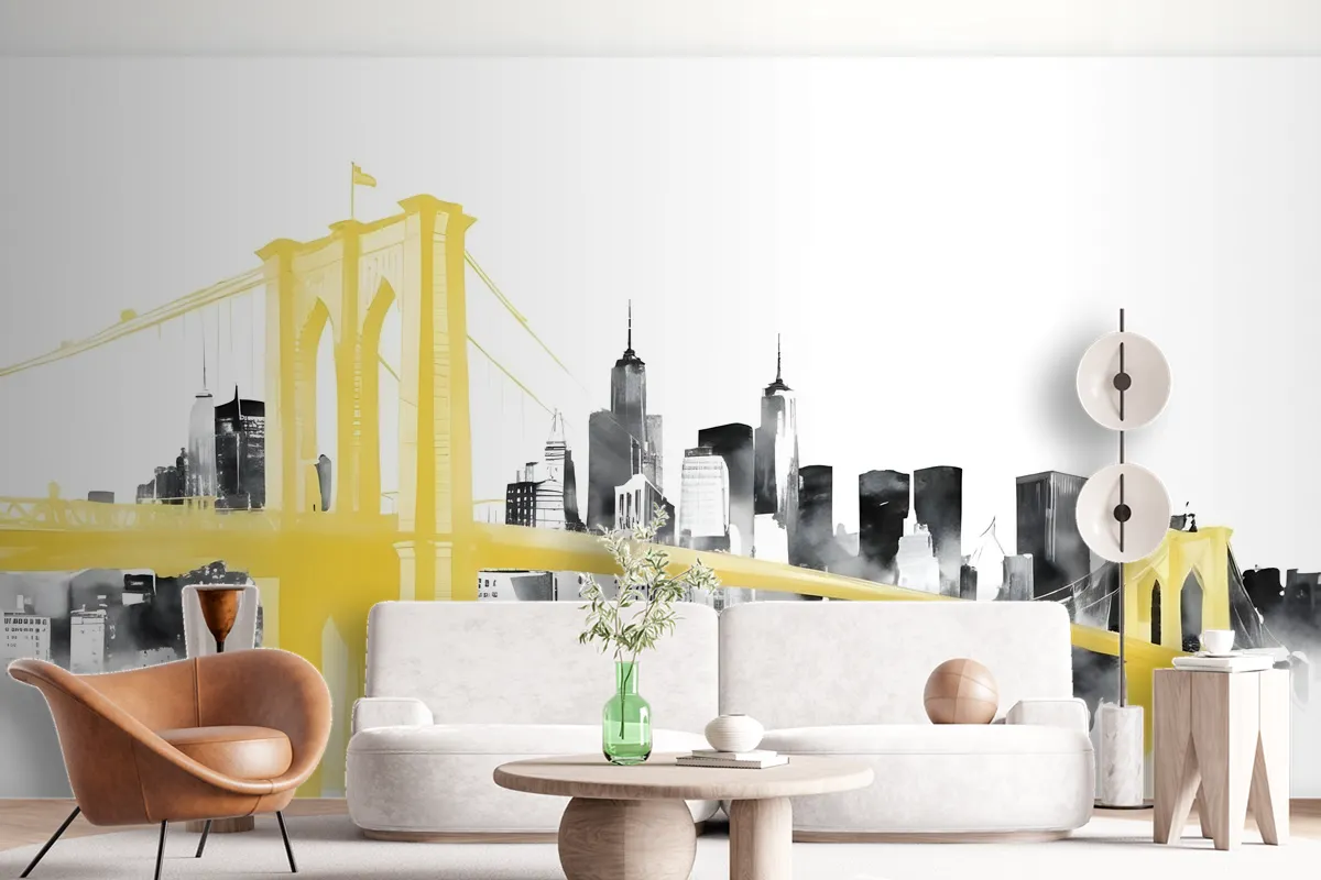 Watercolor City With Brooklyn Bridge Wallpaper Mural