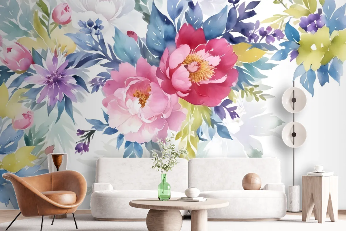 Watercolor Colorful Peony Flowers Wallpaper Mural