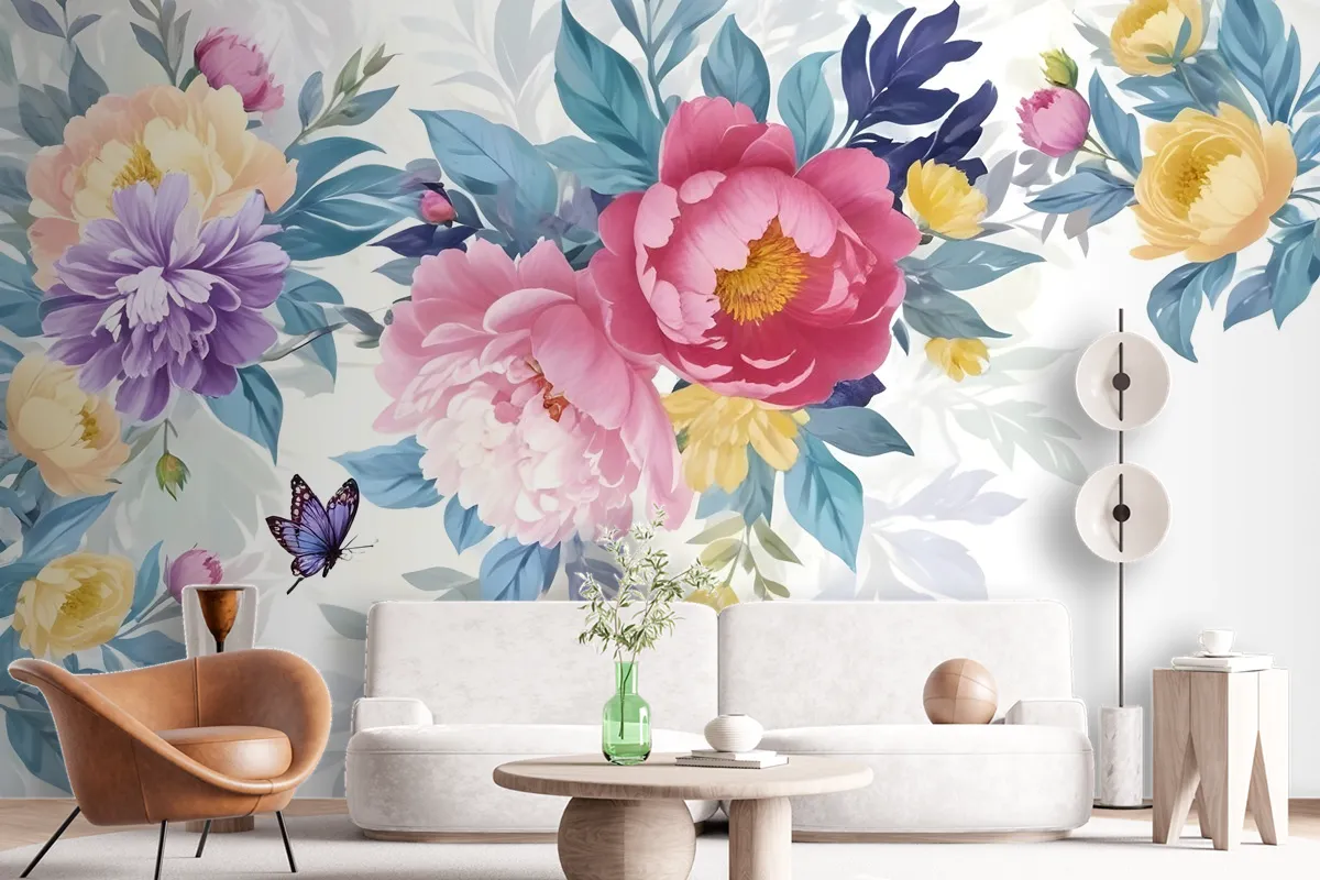 Watercolor Colorful Peony Flowers Wallpaper Mural