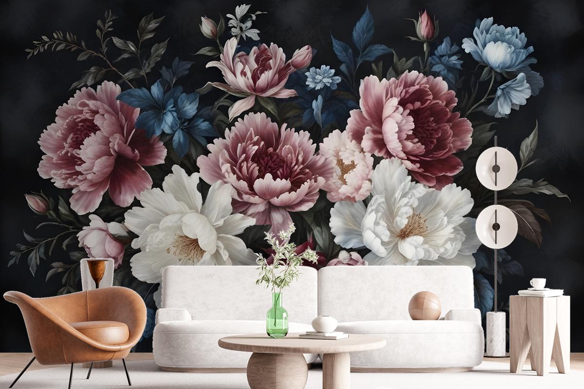 Watercolor Dark Peony Floral Wallpaper Mural