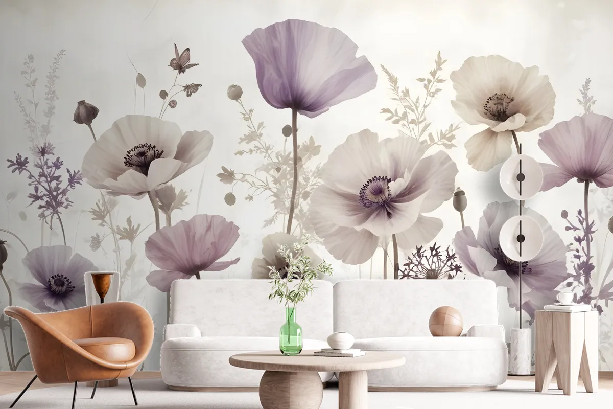 Watercolor Dark Poppy Flowers Wallpaper Mural