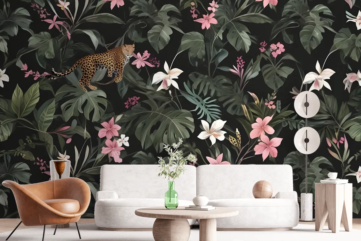 Watercolor Dark Tropical Art With Leopard Wallpaper Mural