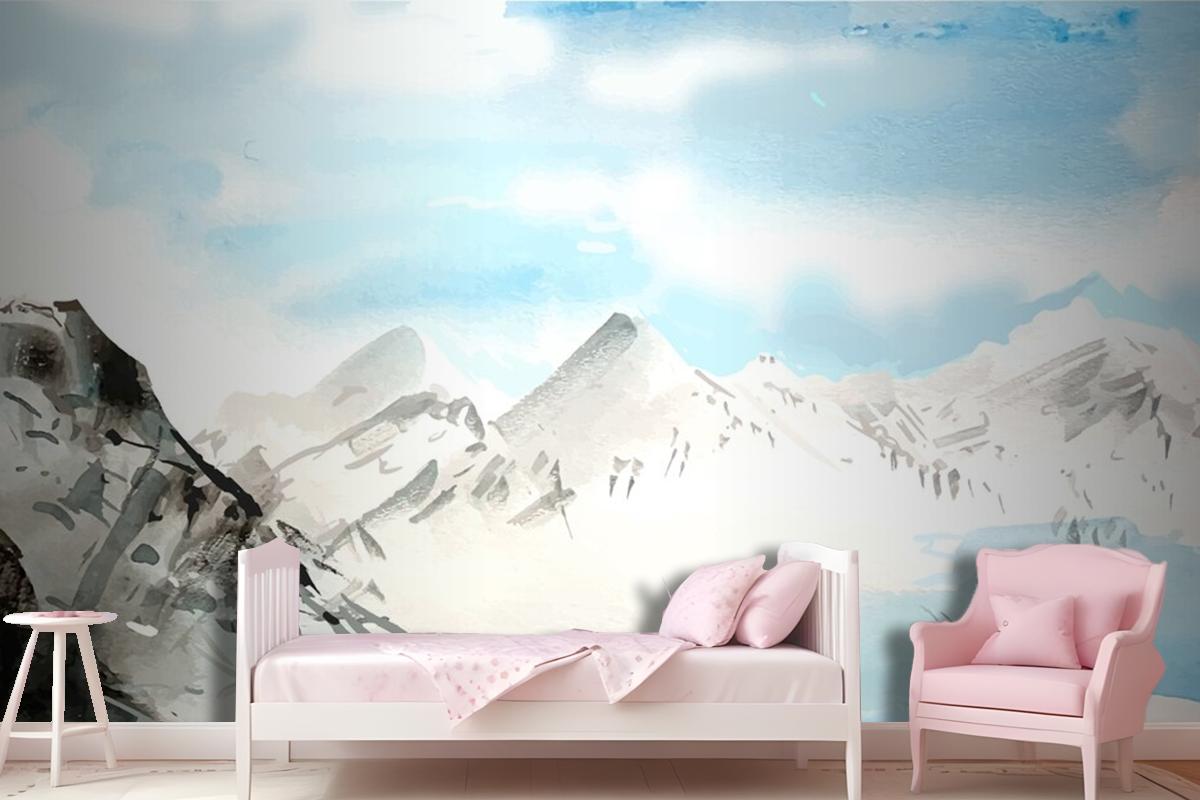 Watercolor Daytime Mountains Background Wallpaper Mural