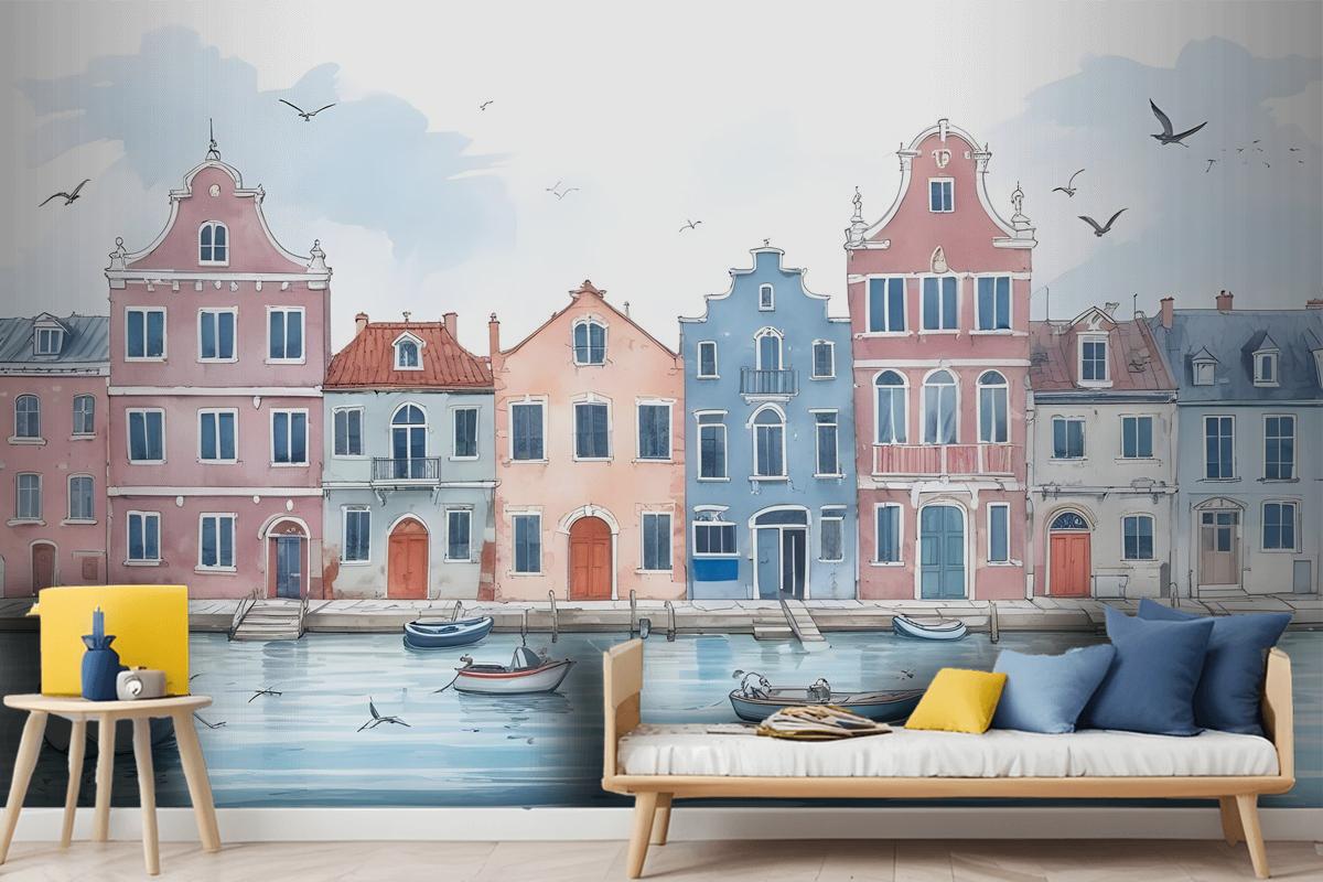 Watercolor Dutch Houses Wallpaper Mural For Kids