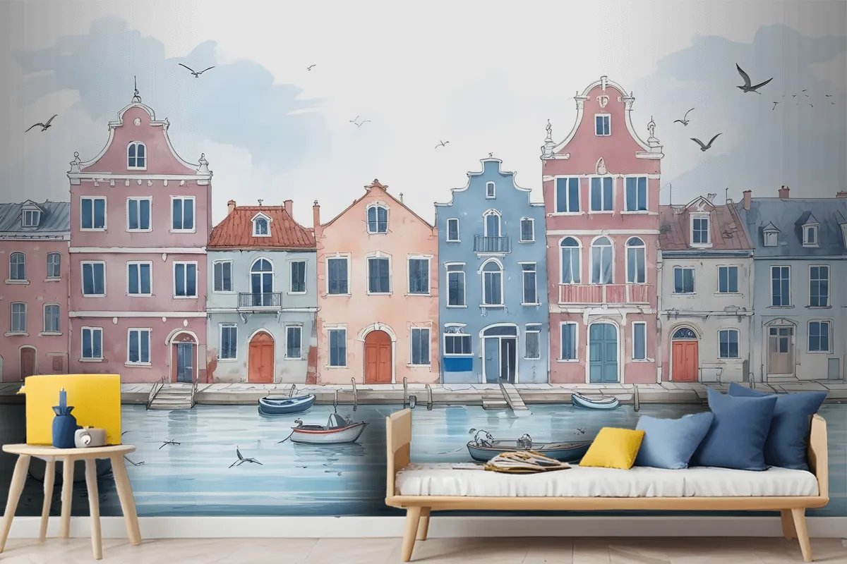 Watercolor Dutch Houses Wallpaper Mural For Kids