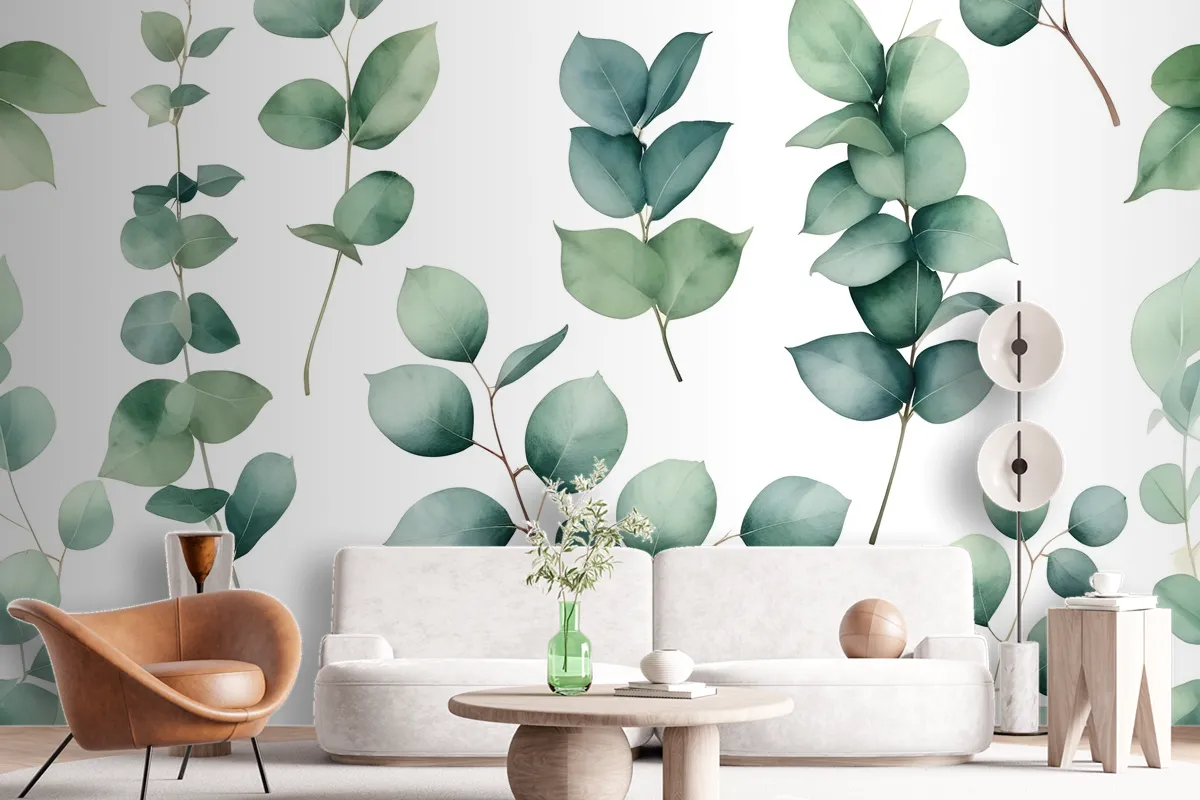 Watercolor Eucalyptus Leaf Wallpaper Mural