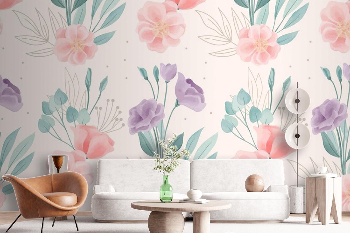 Watercolor Floral Motif Pattern Wallpaper Mural