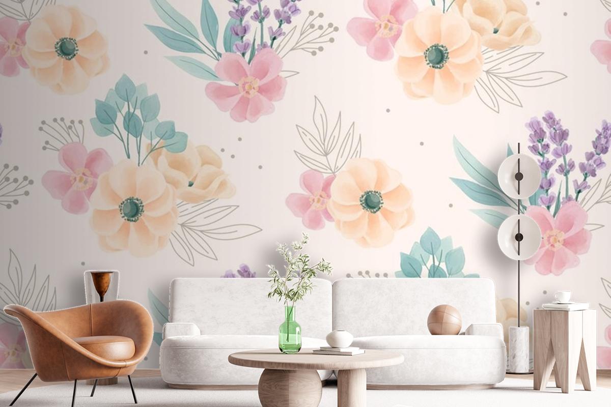 Watercolor Floral Ornaments Pattern Wallpaper Mural