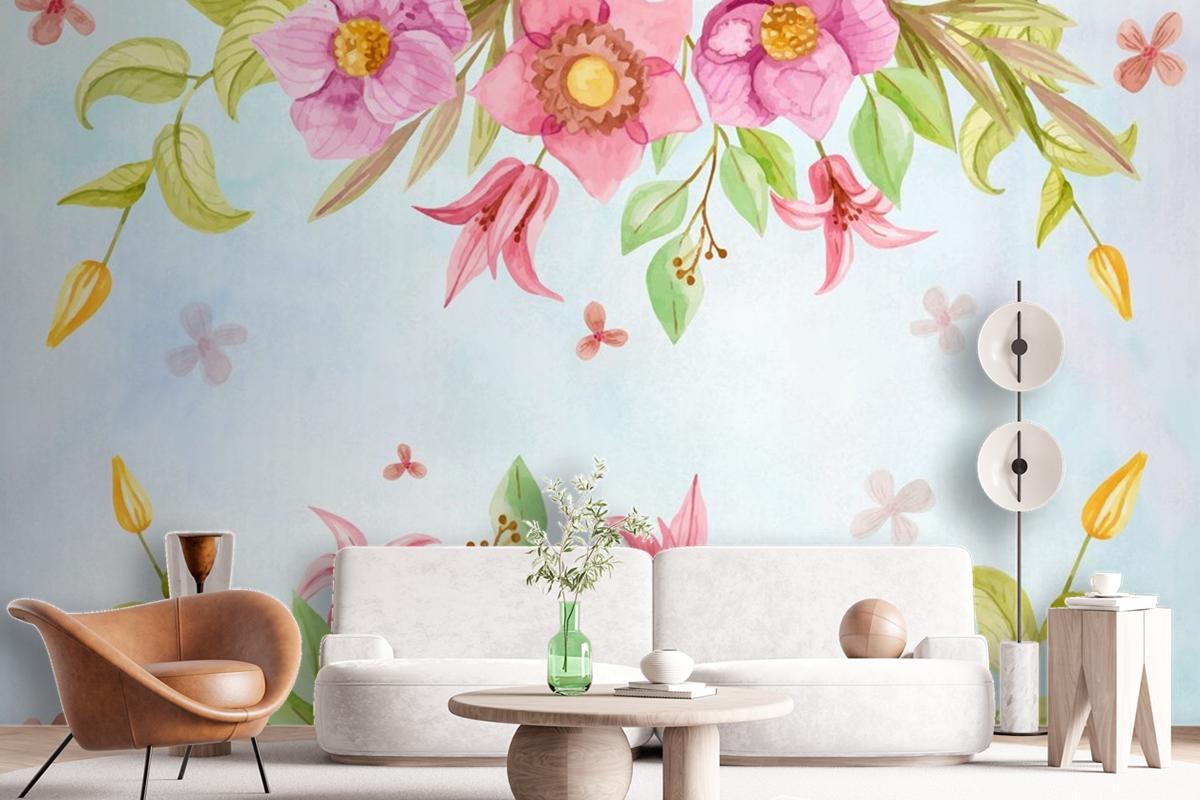 Watercolor Flowers Background In Pastel Colors Wallpaper Mural