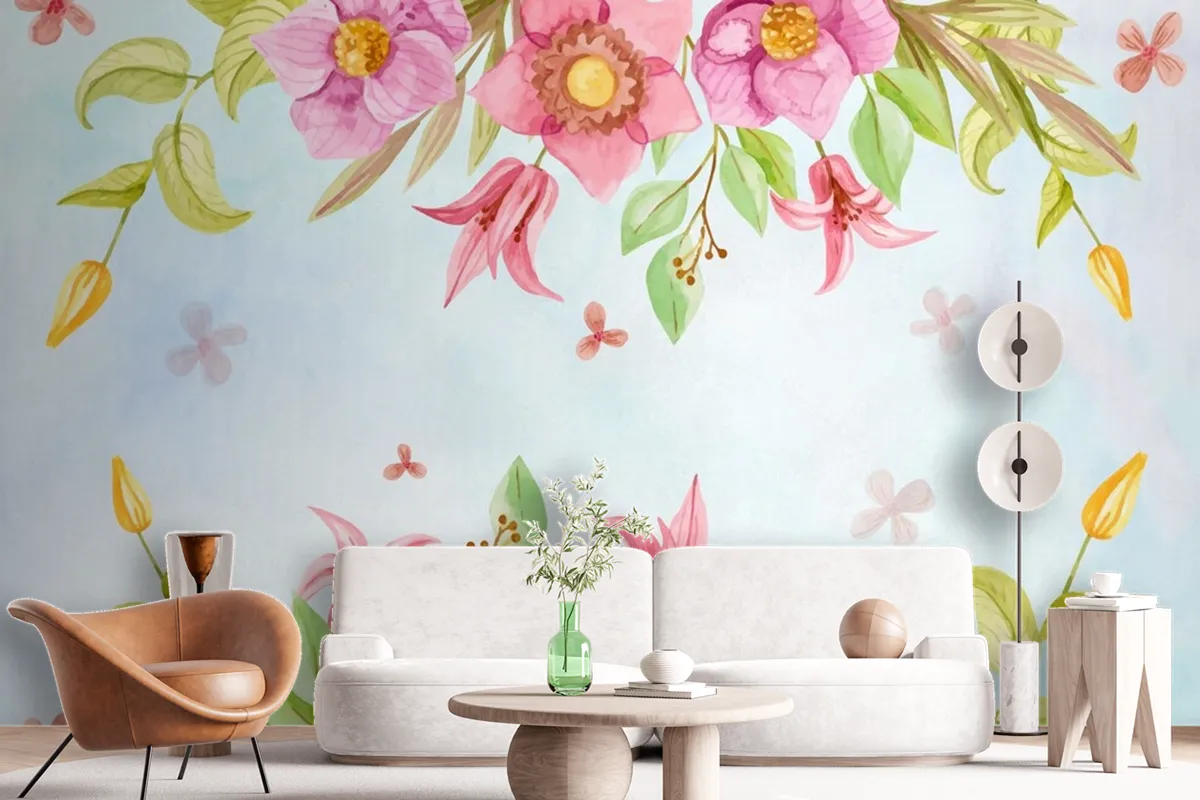 Watercolor Flowers Background In Pastel Colors Wallpaper Mural