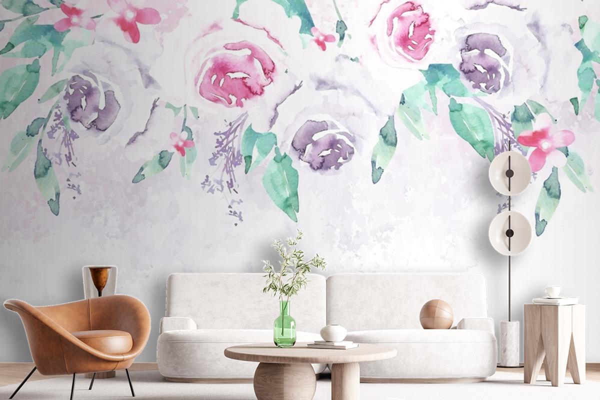 Watercolor Flowers Wallpaper In Pastel Colors Wallpaper Mural