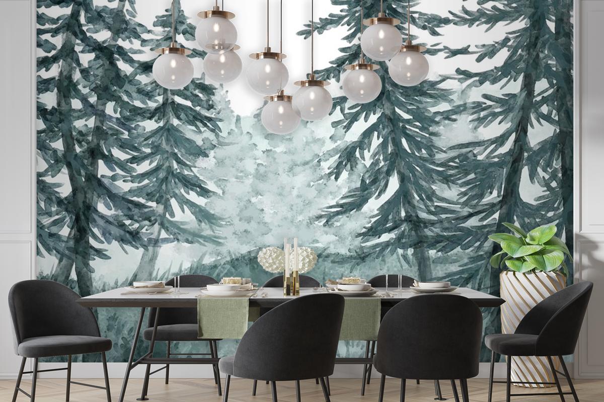 Watercolor Forest Landscape Dining Room Wallpaper Mural