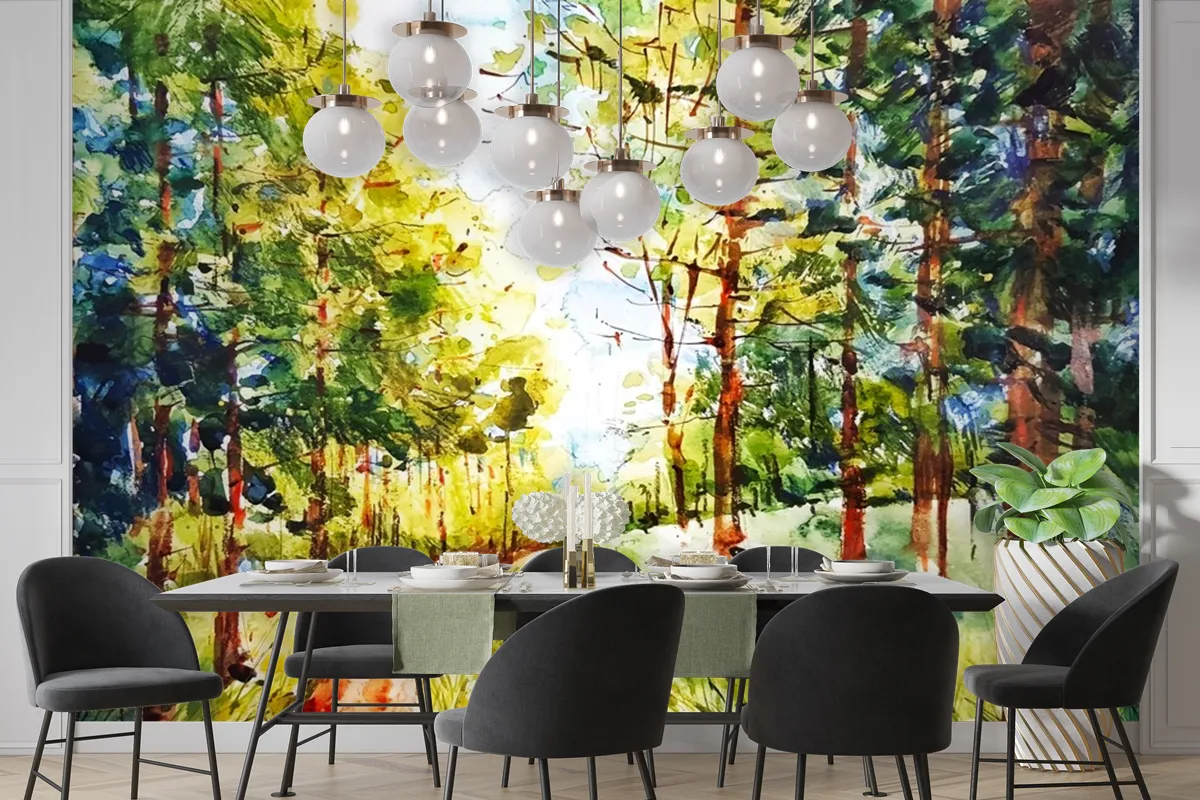 Watercolor Forest Landscape Wallpaper Mural