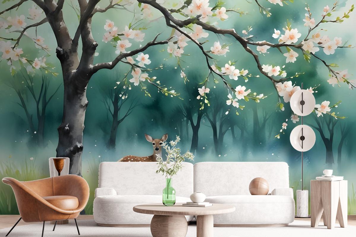 Watercolor Forest With Peach Blossom Wallpaper Mural