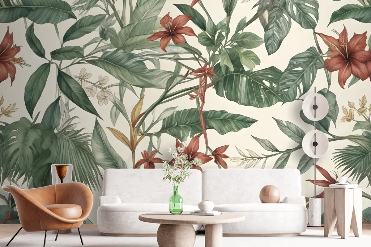 Watercolor Green Tropical Leaves Wallpaper Mural